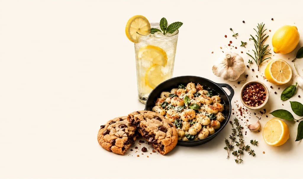Freshly baked chocolate chip cookies, savory skillet dinner, and cold citrus refreshments on a warm rustic tabletop